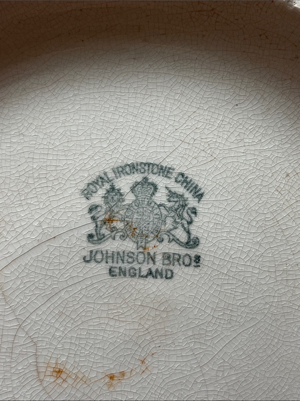 Johnson Bros England Royal Ironstone China washbasin with Green Backstamp